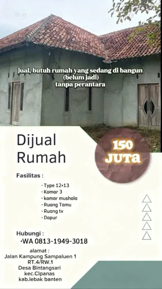 Jual, butuh rumah yang sedang di bangun (belum jadi)