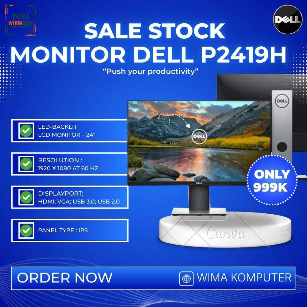 SALE Monitor Dell 24 inc murah frameless fullset dus rotate HDMI FHD