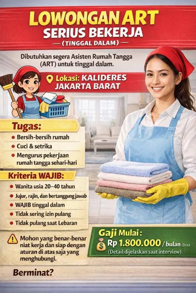 Di Butuhkan ART (Menginap Didalam)