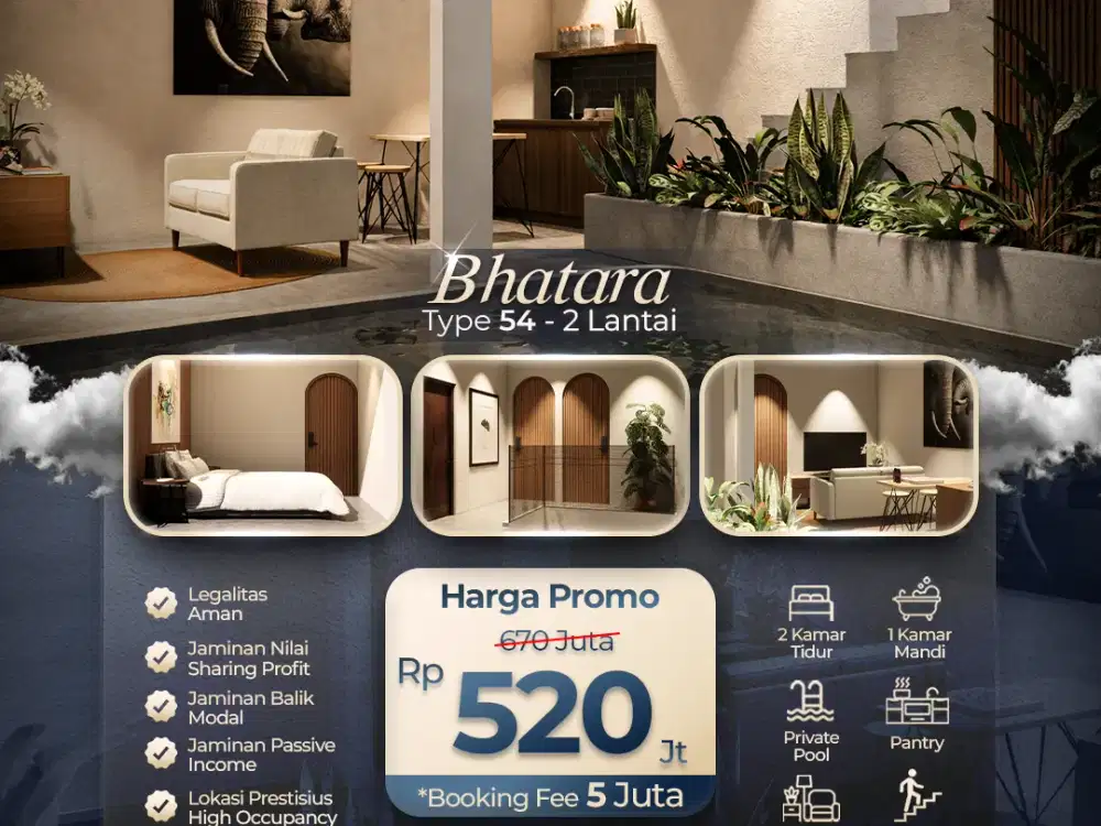 BHATARA PRIVATE VILLA 10 menit ke TUGU JOGJA - Hunian 2 Lantai Eksklusif & Pendapatan flat ± Rp 7 juta / bulan