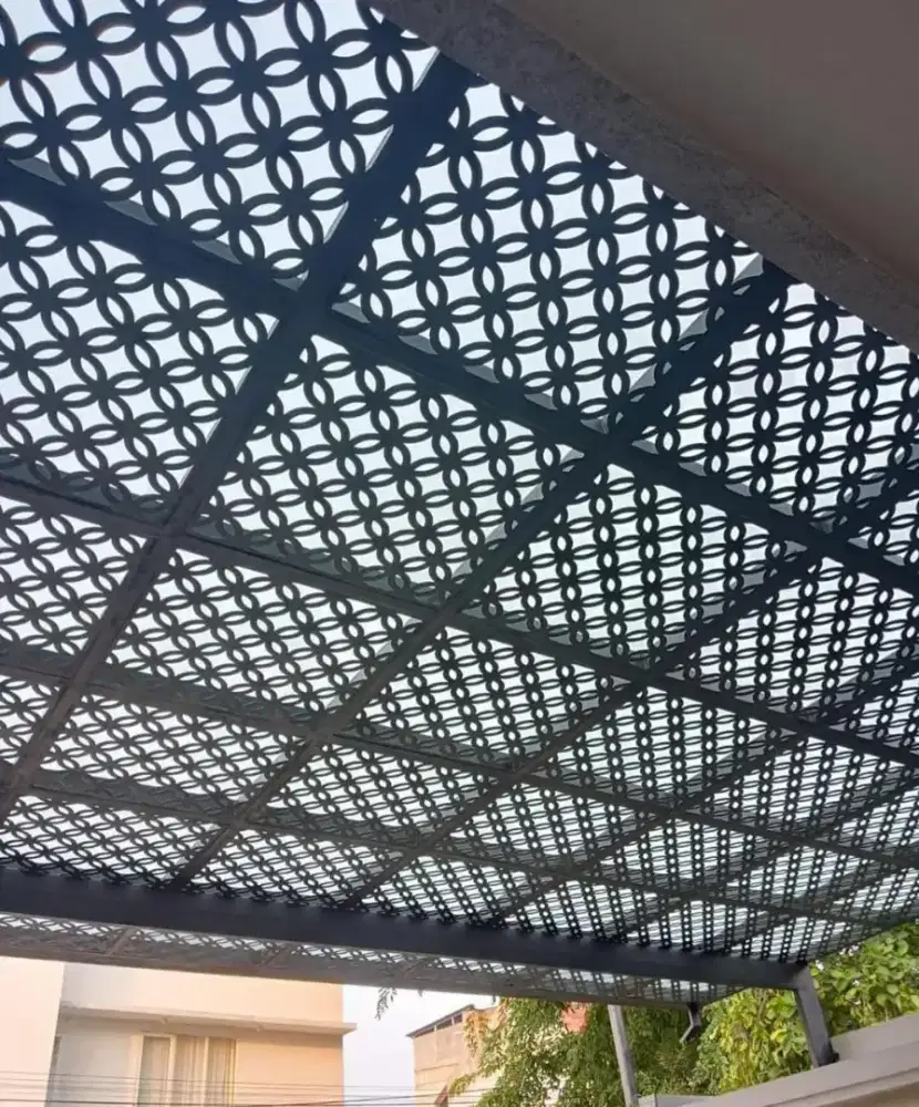 Kanopi kaca tempred kombinasi plat cating laser