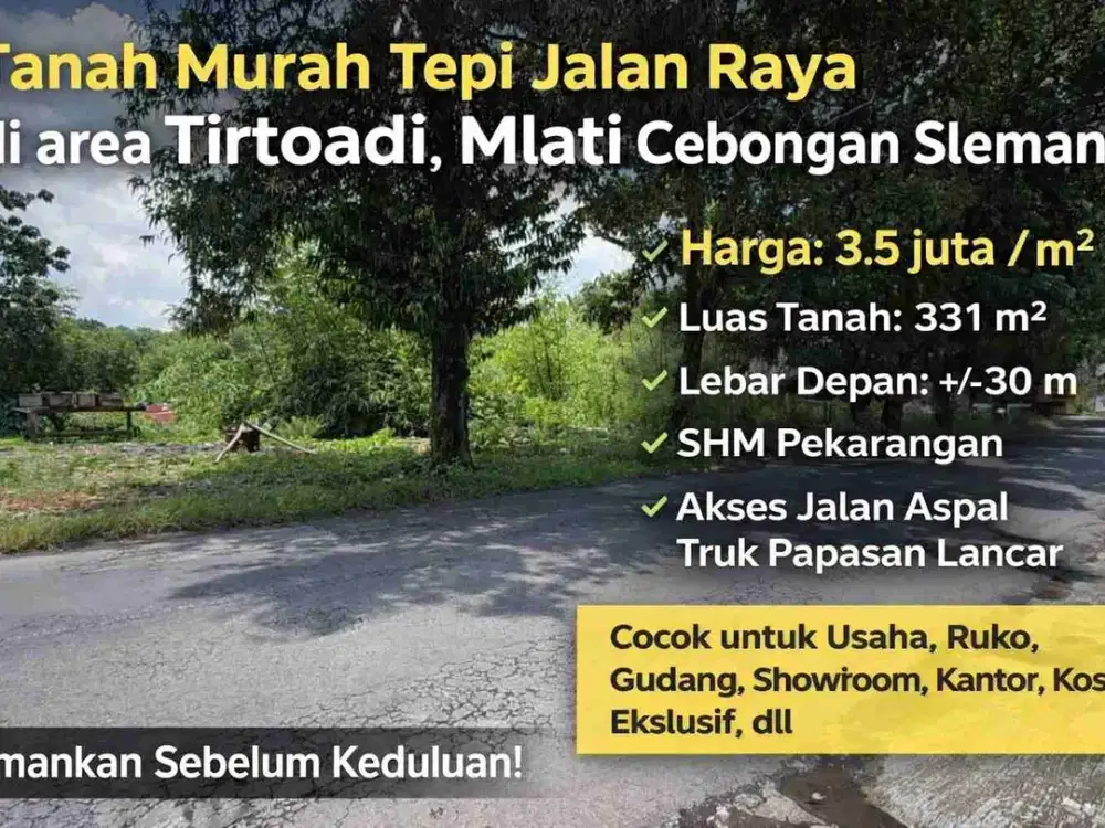 Tanah Murah Tepi Jalan Raya Tirtoadi Mlati Sleman 331m² SHM – Dekat Exit Tol