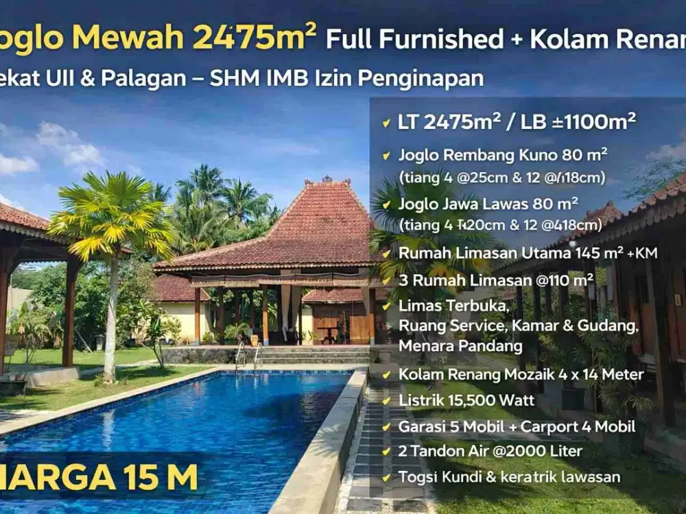 Joglo Mewah 2.475m² Full Furnished + Kolam Renang Dekat UII & Palagan – SHM IMB Izin Penginapan