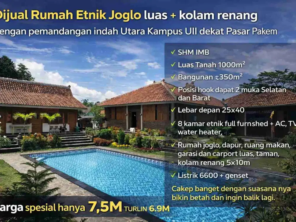 Rumah Joglo Etnik Luas 1000m² + Kolam Renang Dekat UII Pakem – SHM IMB Turun Harga 6,9M