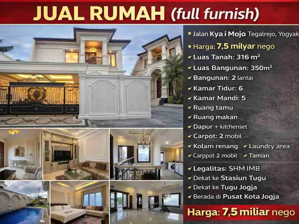 Rumah Mewah Full Furnish 2 Lantai + Kolam Renang Jalan Kyai Mojo Jogja Dekat Malioboro