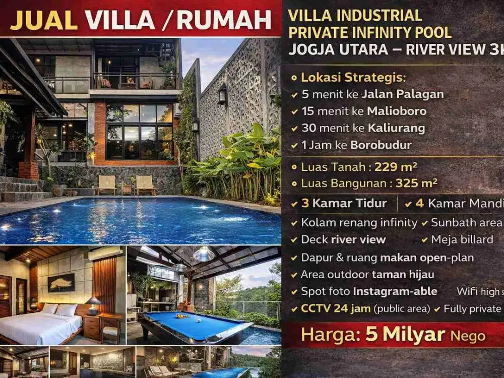 Villa Industrial Private Infinity Pool Jogja Utara Dekat Palagan – River View, 3KT