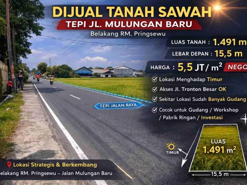 Tanah Tepi Jl Mulungan Baru 1491m² Belakang Pringsewu Cocok Gudang