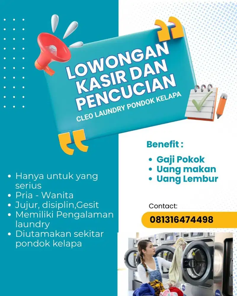 Dibutuhkan staff pencucian + kasir dan tenaga setrika