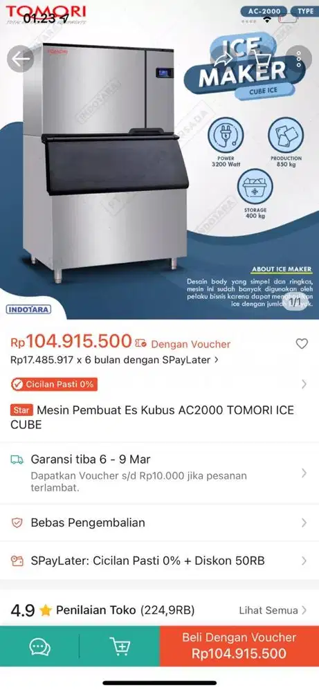 Dijual mesin batu es tomori Ac 2000 baru