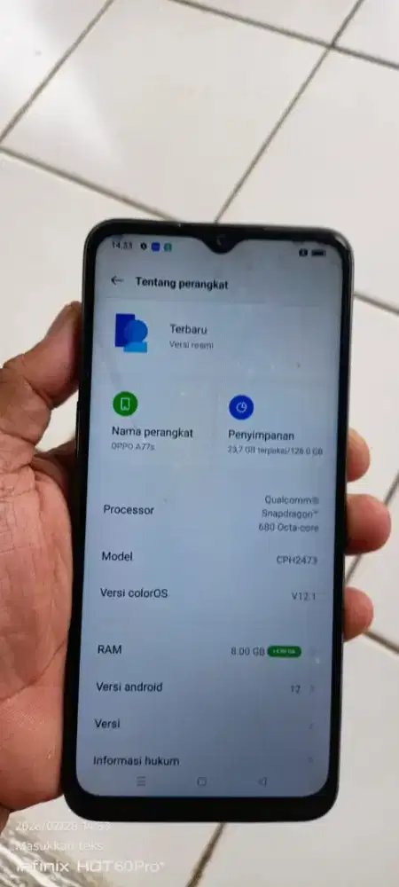 Opo.  A77s refurbis.  8+/128 mnus ada brcak di lyar normal semua