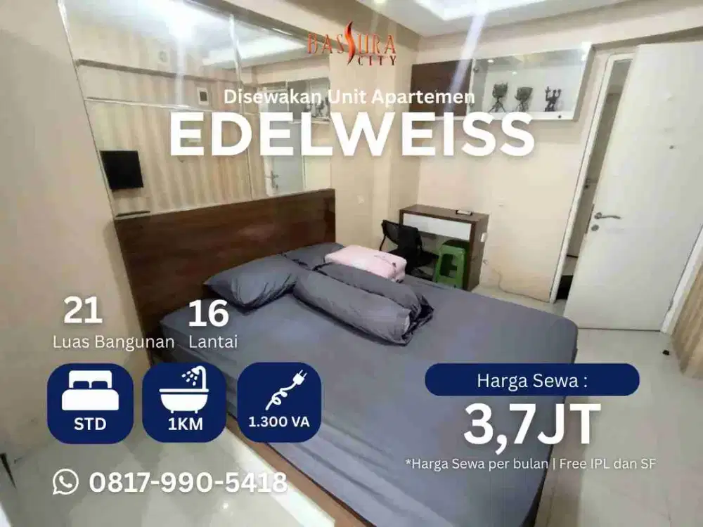 Sewa studio furnished apartemen Bassura City tower Edelweiss siap huni ada water heater
