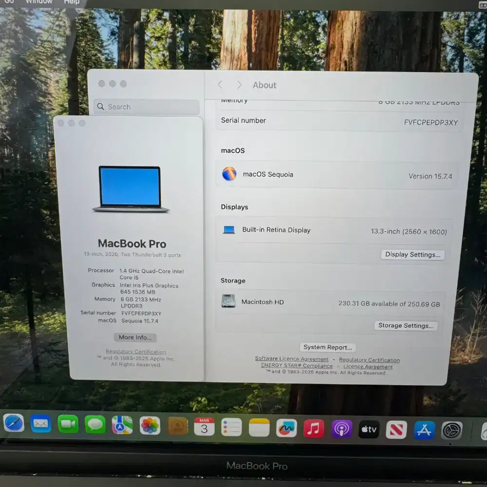 Macbook Pro 2020 layar 13 Inch Ram 8 Ssd 256 lengkap full set grey