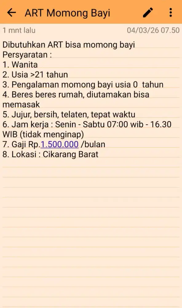 Dibutuhkan ART bisa momong bayi