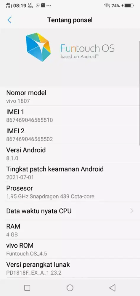 Vivo Y95 ram 4/32 mesin normal tinggl pake tombol aja beda warna