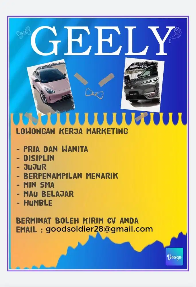 Dibutuhkan Marketing Showroom MobiL Listrik GEELY