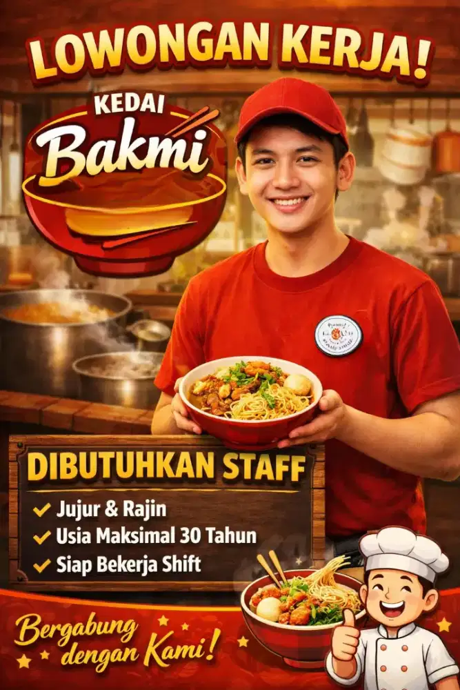 Dibutuhkan karyawan kedai bakmi