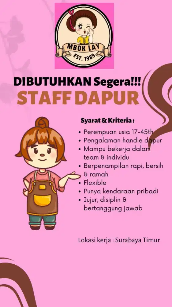 Dibutuhkan segera staff dapur!!