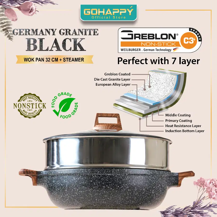 Gohappy Wok Pan Jumbo 32 cm + Steamer & Tutup Granite Germany