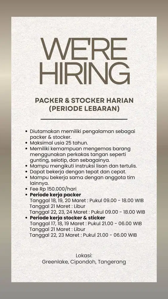 Lowongan Kerja Packer & Stocker Harian