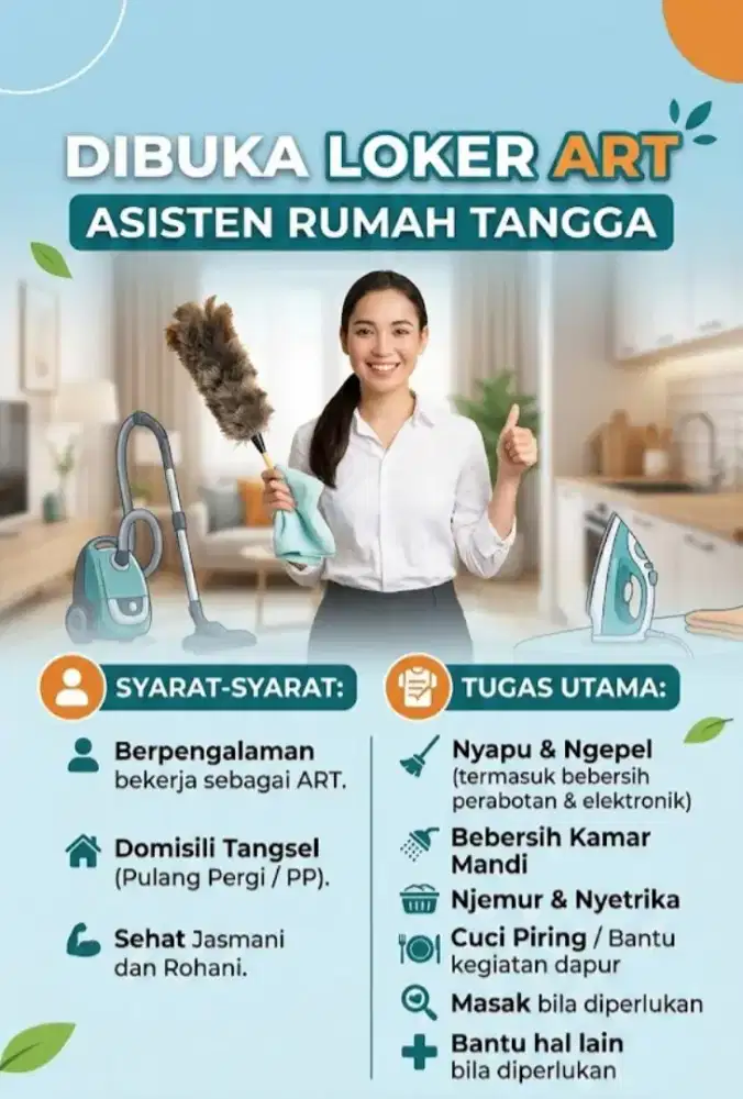 LOWONGAN KERJA (ART) ASISTEN RUMAH TANGGA