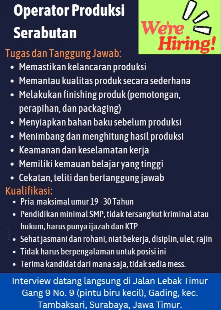 Dibutuhkan Segera Operator Produksi PRIA Serabutan