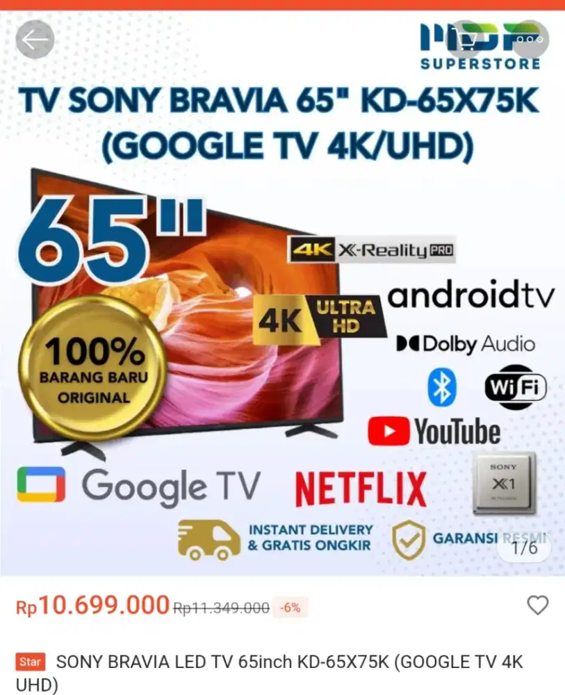 Tv Sony 65 65 inch inci Kd-65x75k Murah Android Google Netflix Youtub