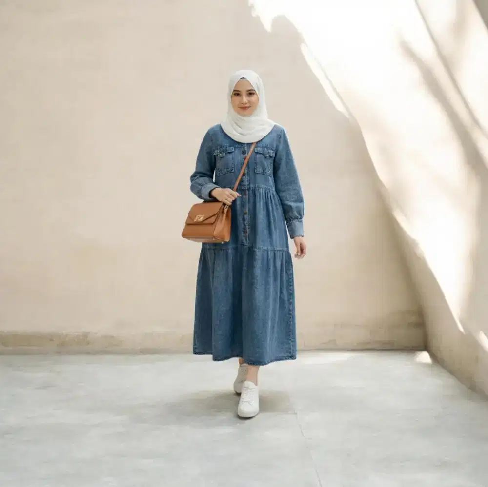 Capria Baju Muslim Gamis wanita jeans maxi kancing original