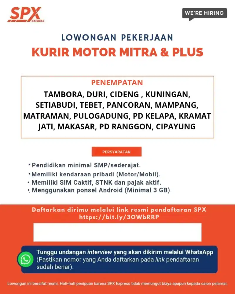 LOWONGAN KURIR MOTOR SPX SEGERA