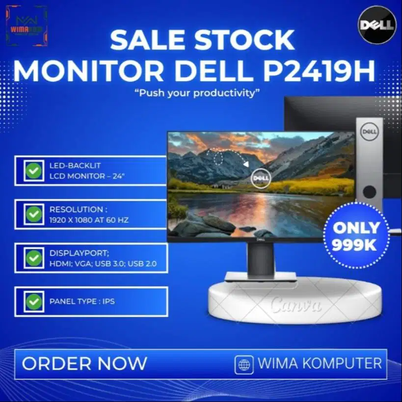 Monitor MULUS  Dell P2419H Layar SLim Frameless 24inch HDMI N-SW