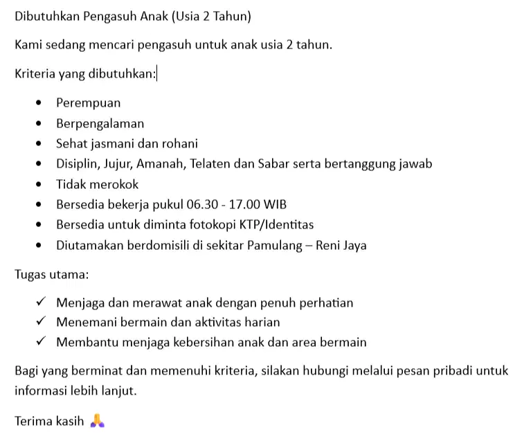 Dibutuhkan Pengasuh Anak (Usia 2 Tahun)