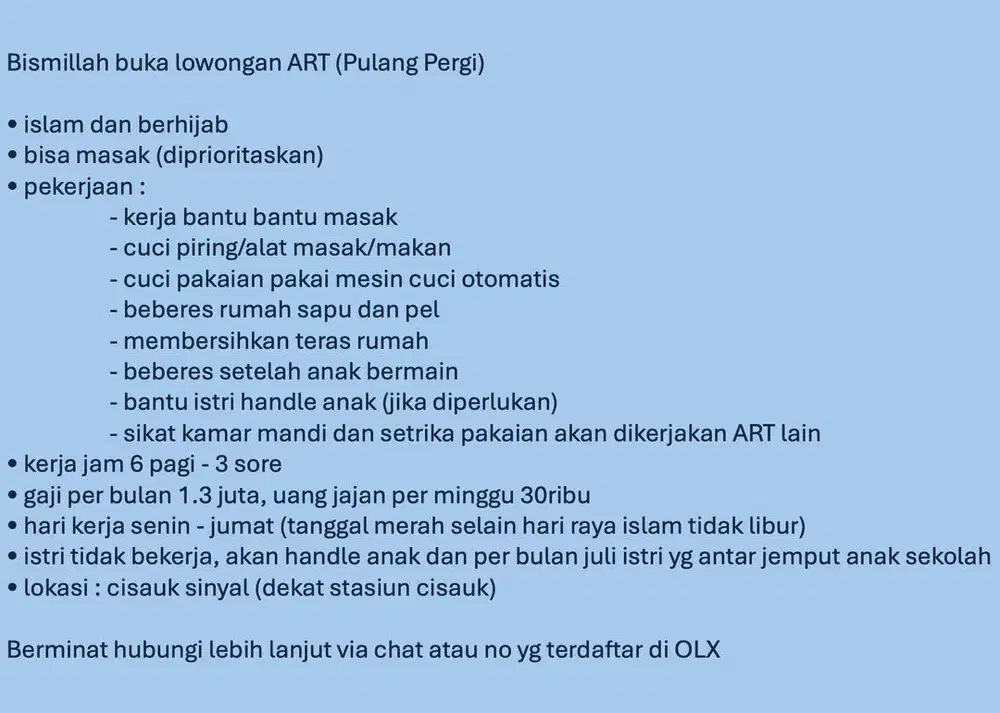 Bismillah buka lowongan ART (PP)