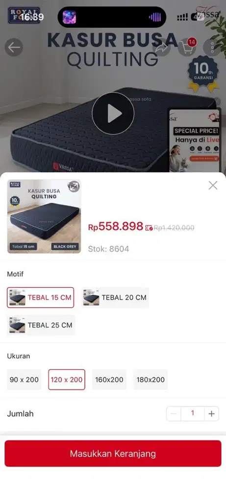 Kasur baru busa 120x200 15cm