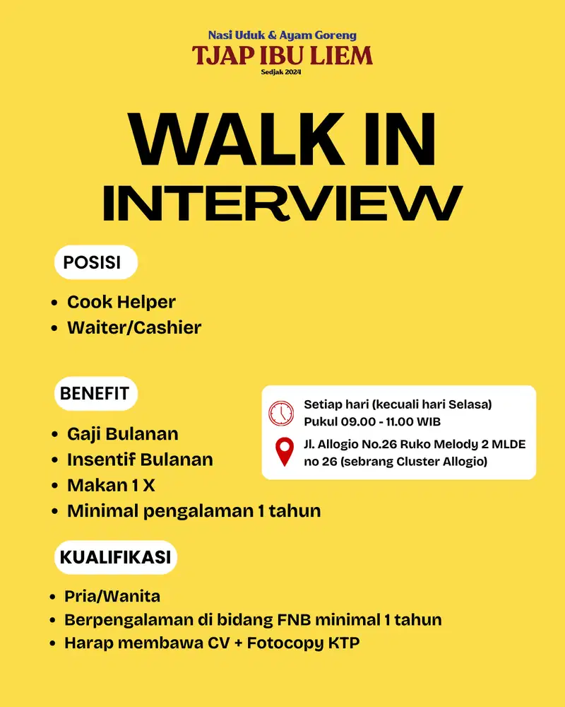 dicari waiter dan cook helper