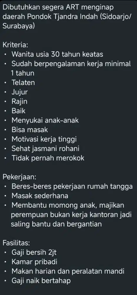 Dicari ART menginap + momong anak 3th segera