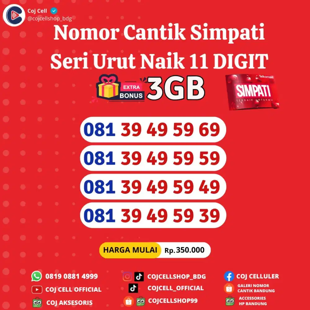 NOMOR CANTIK SIMPATI SERI URUT NAIK 11 DIGIT!