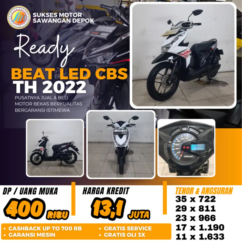 BEAT CBS LED 2022 HITAM PUTIH MULUS BISA KREDIT DP 400 DI SUKSES MOTOR
