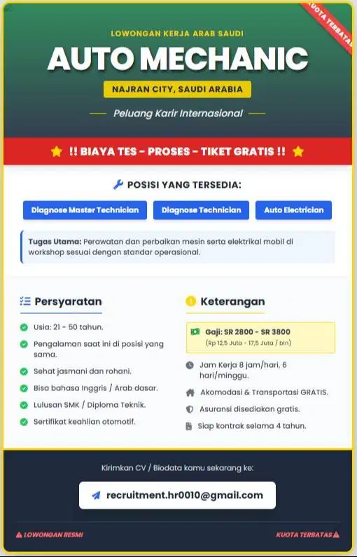 Lowongan Kerja Arab Saudi Auto Mechanic / Mekanik Mobil di Najran City