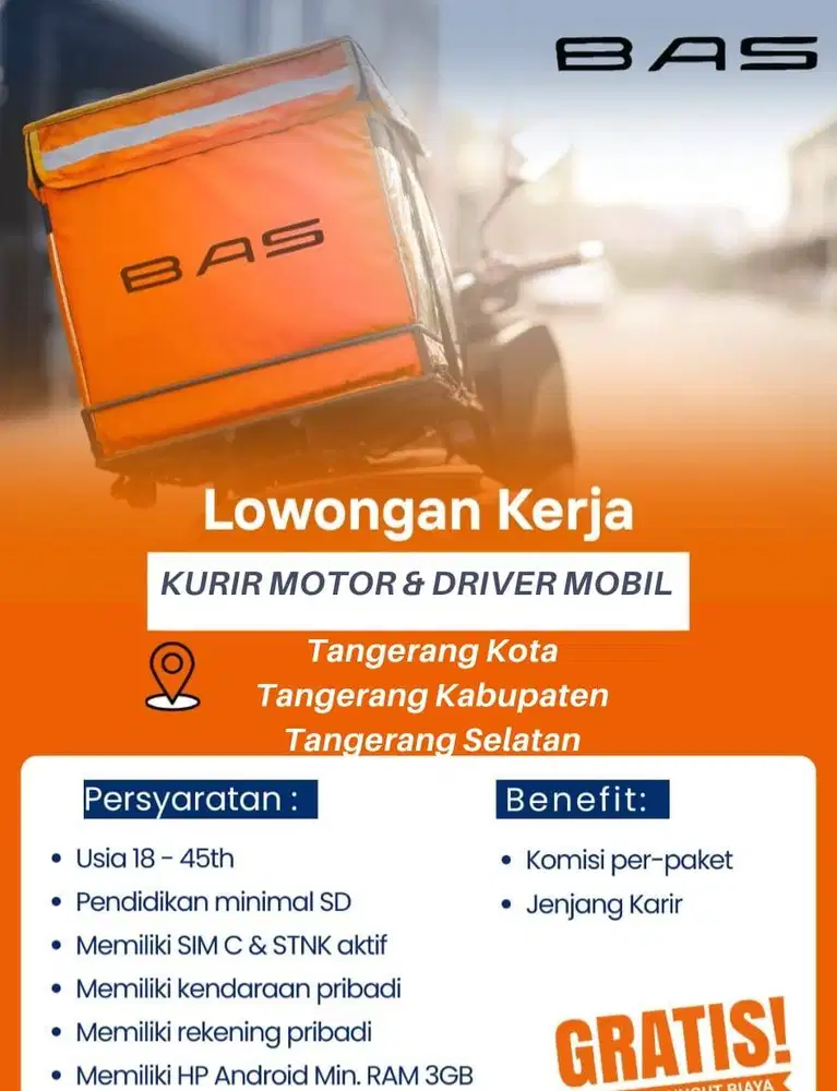 DIBUTUHKAN KURIR MOTOR AREA TANGERANG KABUPATEN DAN SEKITARNYA