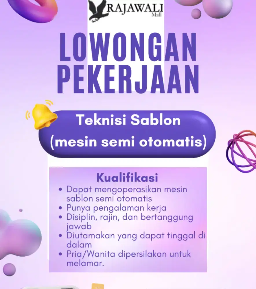 Dicari teknisi sablon mesin semi otomatis