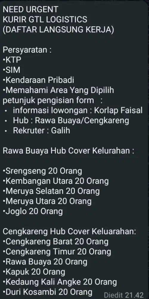 Need Kurir GTL (Daftar Langsung Kerja)