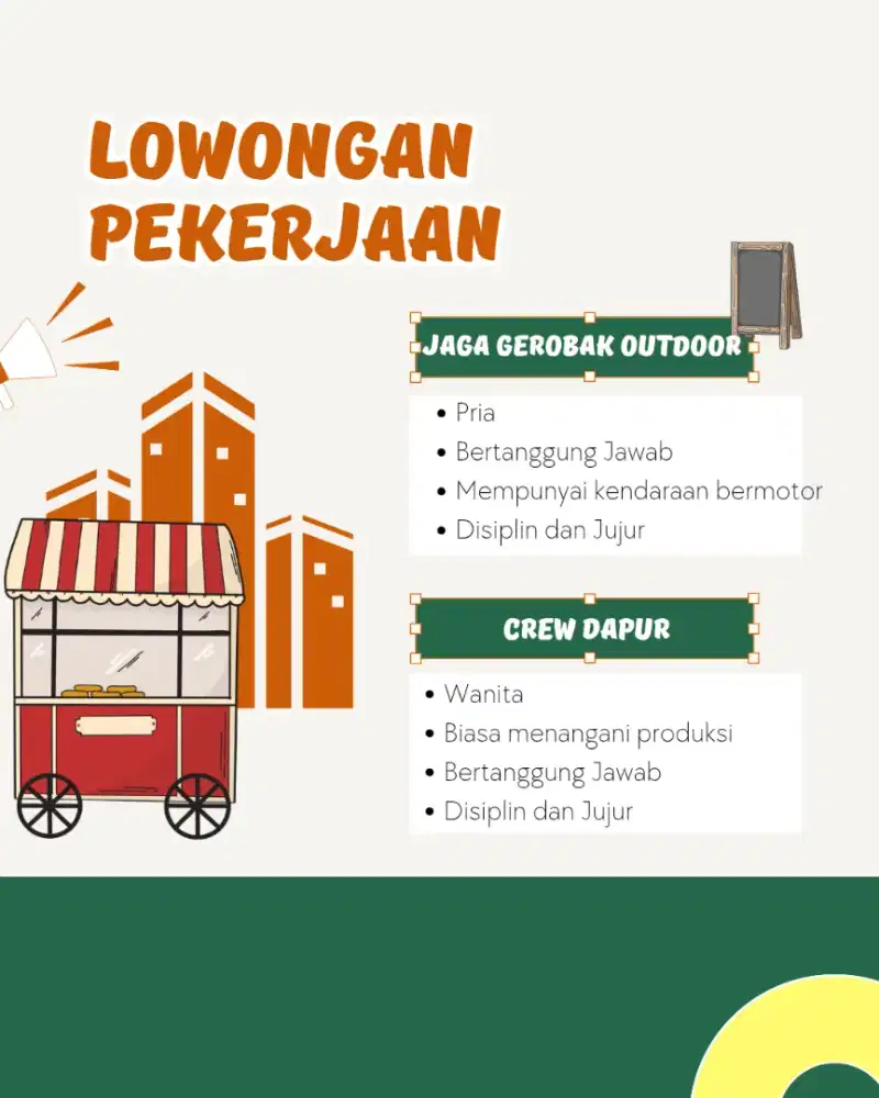 Lowongan kerja Jaga gerobak outdoor & Crew produksi