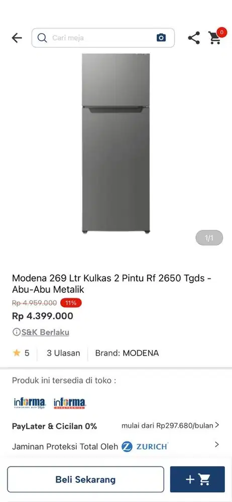 kulkas modena 2 pintu 296 ltr