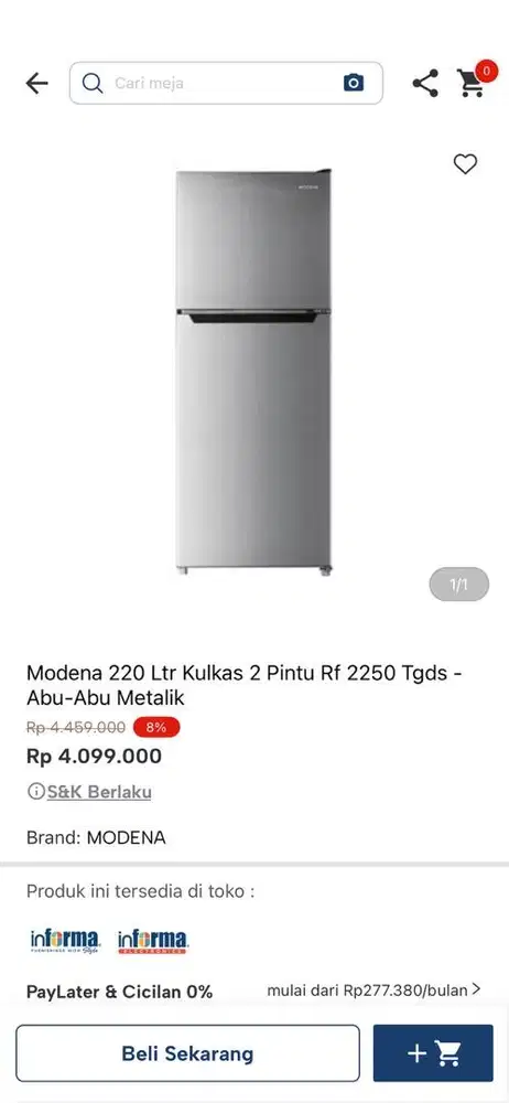 kulkas modena 2 pintu 220 ltr
