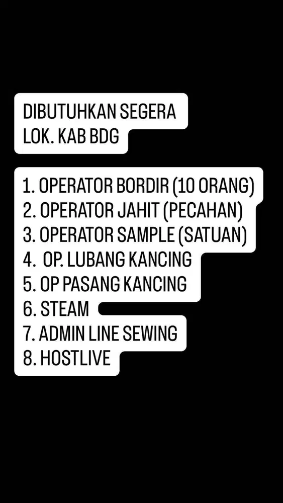 DIBUTUHKAN CEPAT OPERATOR BORDIR, JAHIT, SAMPEL, PASANG LUBANG KANCING
