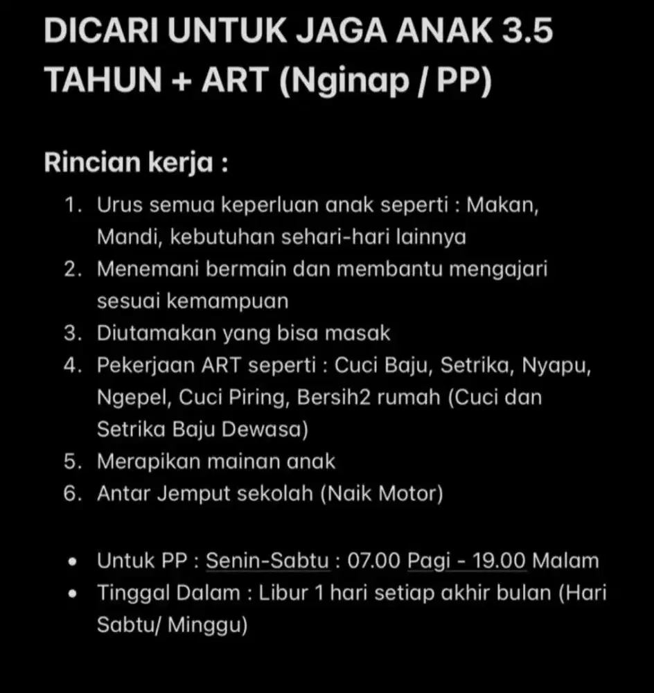 DICARI UNTUK JAGA ANAK 3.5 TAHUN + ART (Nginap / PP)