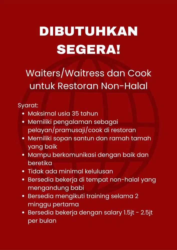 Lowongan Cook & Waitress Restoran di Jakarta Barat