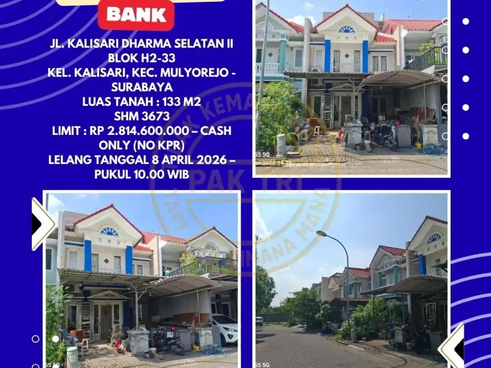 DIJUAL RUMAH VIA LELANG DI MULYOREJO SURABAYA (JL. KALISARI DHARMA SELATAN) – LELANG KPKNL