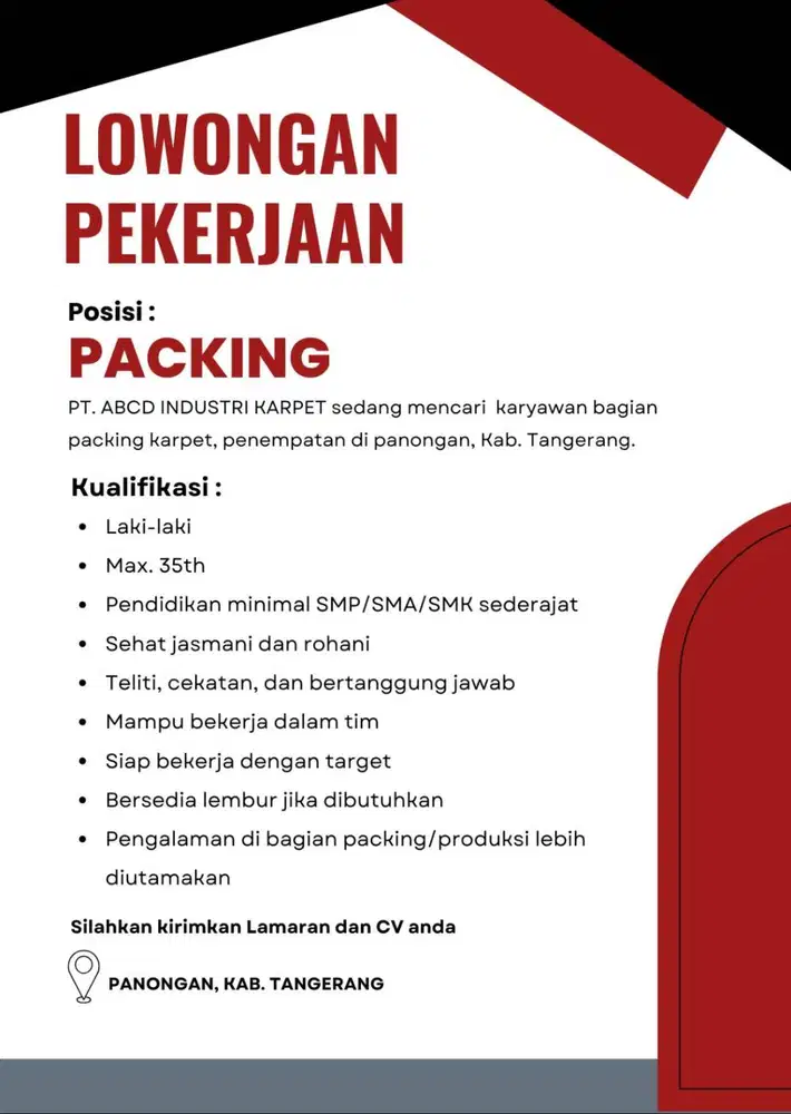 DIBUTUHKAN SEGERA BAGIAN PACKER (PACKING) PABRIK INDUSTRI KARPET