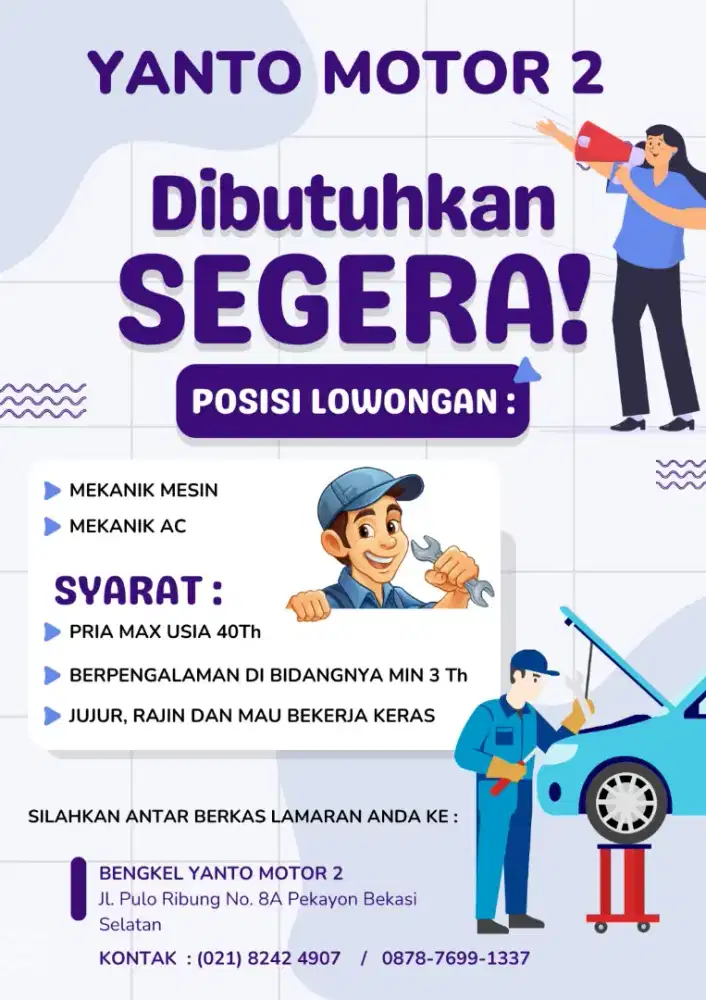 Dibutuhkan mekanik ac dan mesin mobil