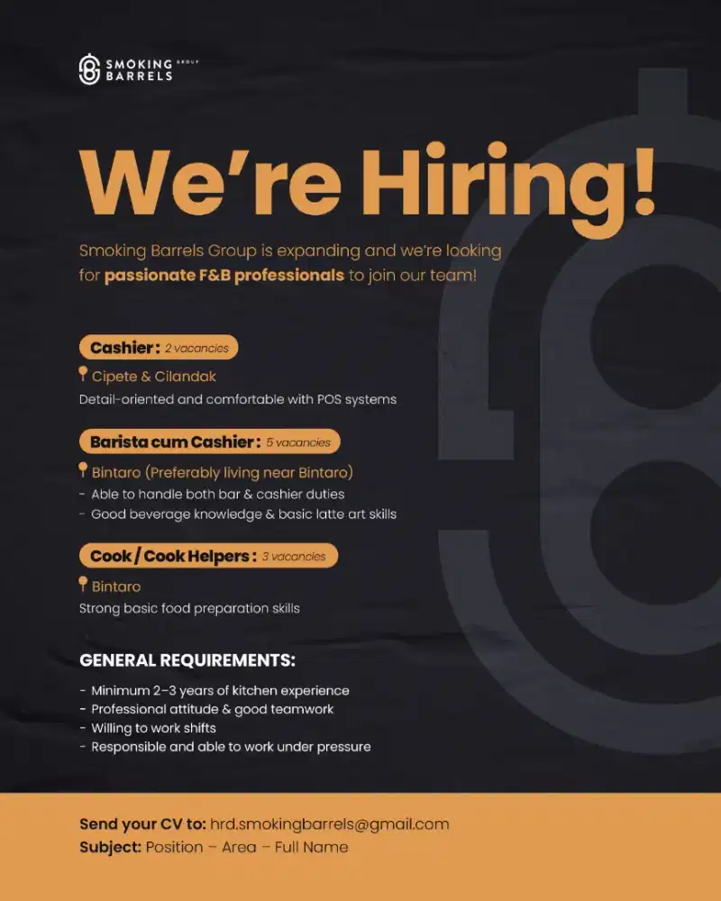 Loker Kasir, Barista dan Cook/Steward